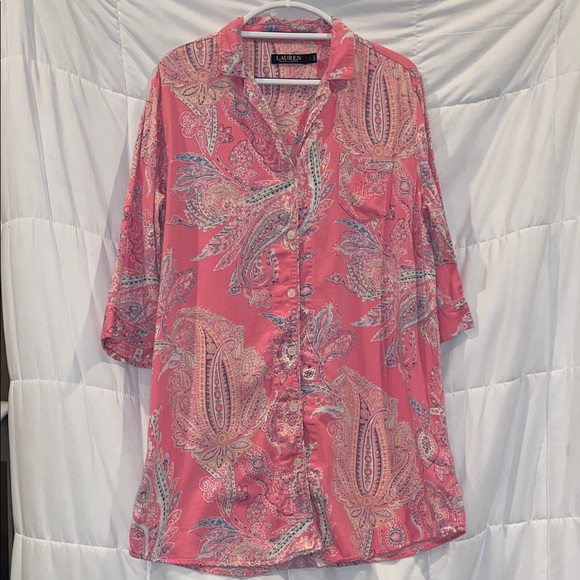 Lauren Ralph Lauren Women’s Pink Paisley Cotton Blend Sleep Shirt Size Large - Picture 2 of 9